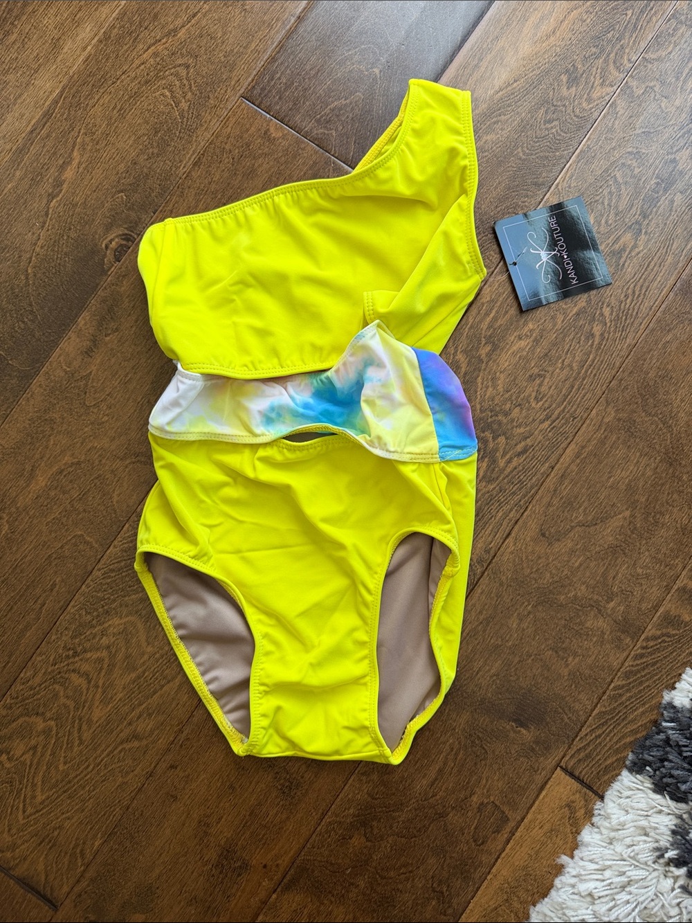 One-Shoulder Yellow/ Tie-Dye Girls' Dance Leotard